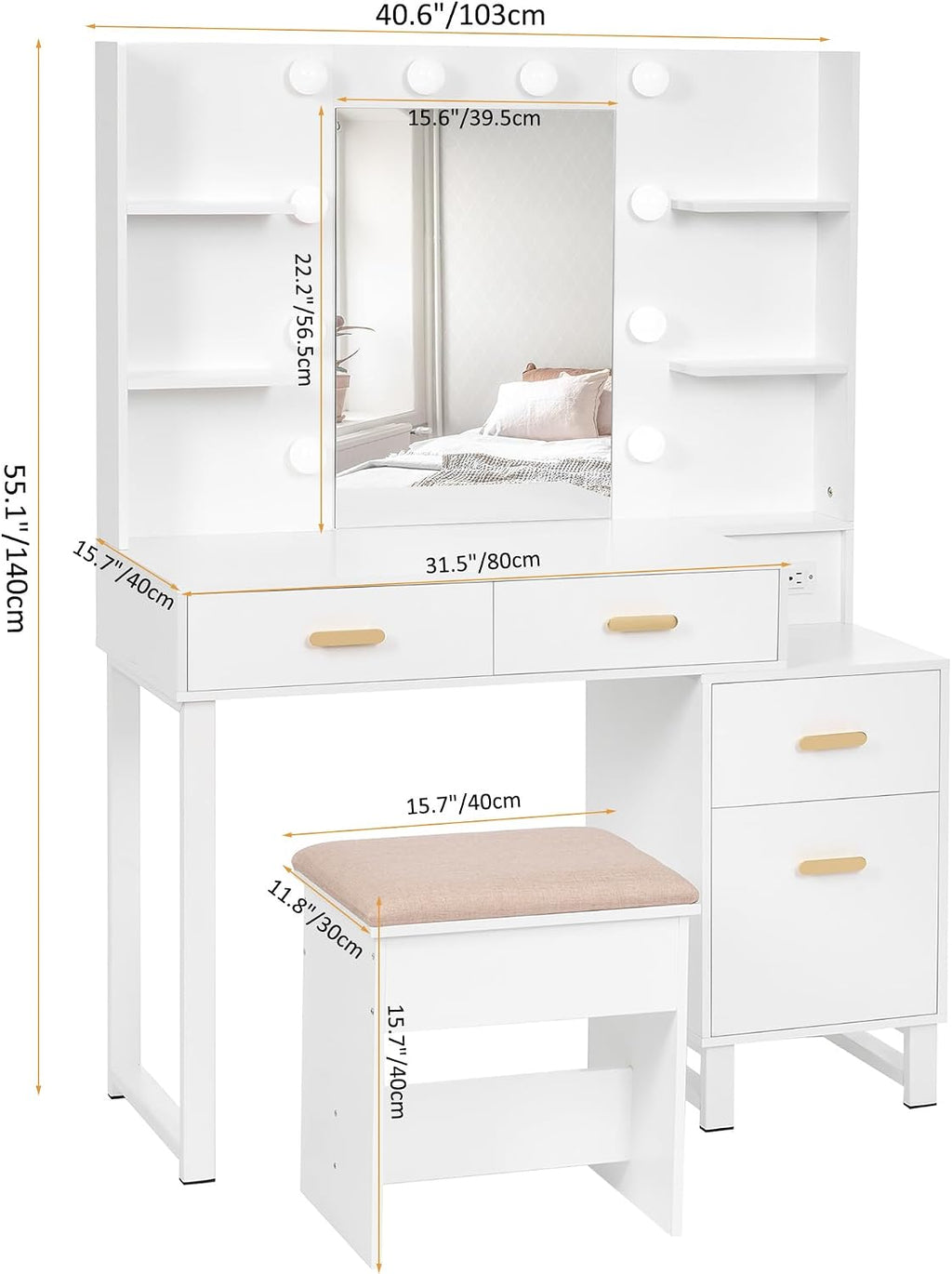 ANWBROAD Makeup Vanity Desk Vanity Set with 10 LED Bulbs Lighted Mirror Makeup Vanity Table Set with Charging Station Nightstand 3 Colors Modes Dimming Cushioned Stool Large Mirror White UBDT53W