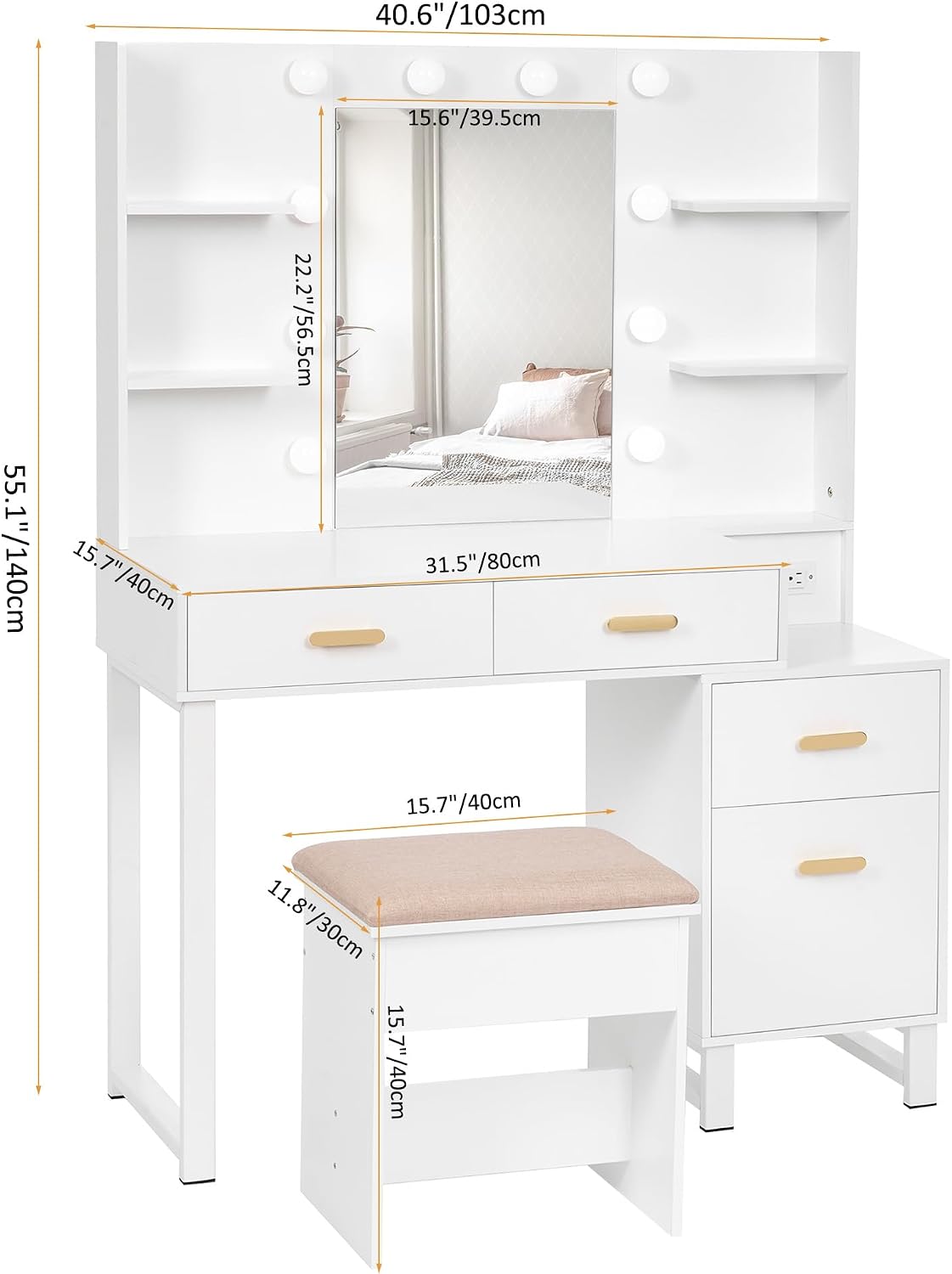 ANWBROAD Makeup Vanity Desk Vanity Set with 10 LED Bulbs Lighted Mirror Makeup Vanity Table Set with Charging Station Nightstand 3 Colors Modes Dimming Cushioned Stool Large Mirror White UBDT53W