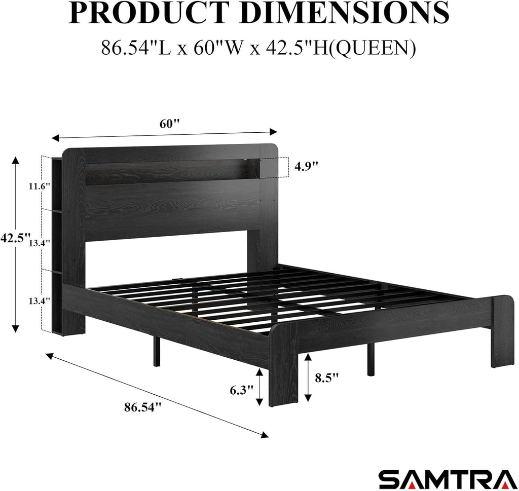 Wooden Bed Frame Queen Size with Storage Headboard - Farmhouse Platform Bed Frame with Bookcase Shelf & Led Lights, Sturdy Wood Slat Framework Bed Frame (Black LED)