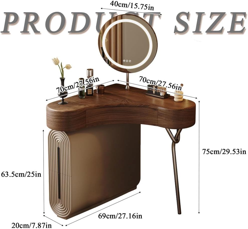 Small Makeup Vanity with LED Mirror, Compact Vanity with 3 Drawers Storage, Simple Wooden Design Corner Makeup Vanity Desk for Small Room, Nightstand Vanity 2 in 1,Stool
