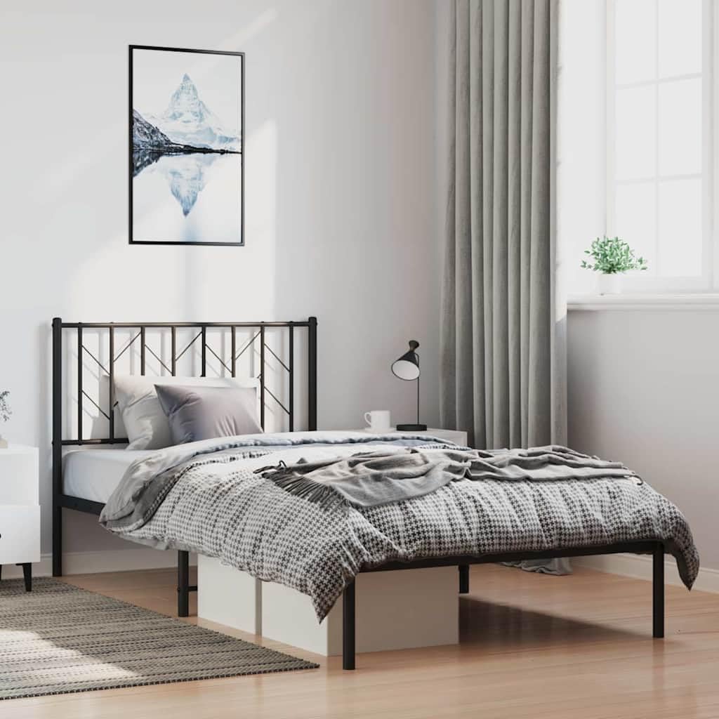 Black Powder-Coated Steel Single Bed Frame - Minimalist Metal Bedframe with Headboard, Sturdy and Space-Saving for Small Bedrooms and Guest Rooms, Easy Assembly Indoor Use