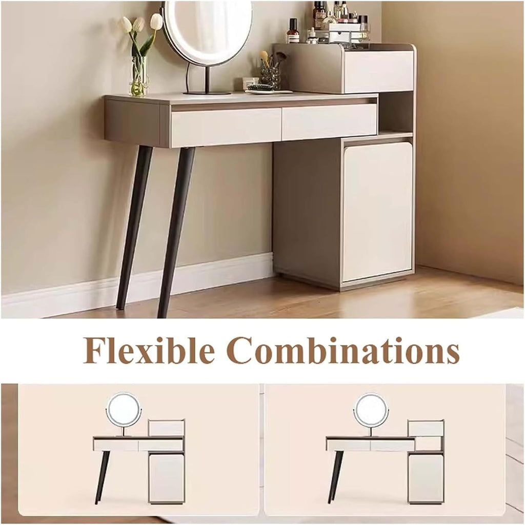 Vanity Desk, Vanity Table, Dressing Table, Makeup Table for Bedroom, Corner Dressing Table with Storage Shelf, Make Up Desks with Lights