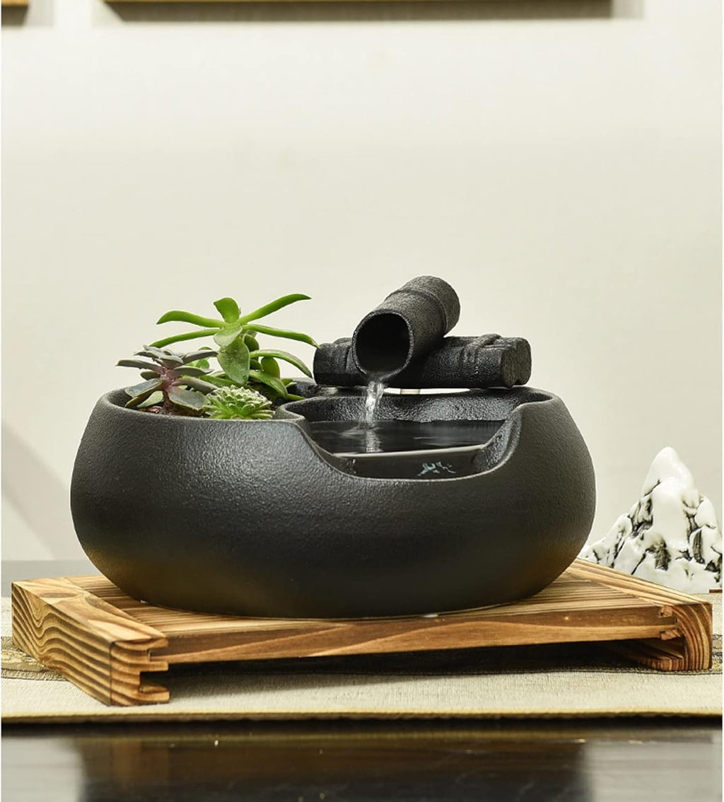 Indoor Fountain Ceramic Tabletop Fountain for Indoor and Outdoor Table Desk Office Patio Black Ceramic Fountain with Pumps and Wooden Base Tabletop cor (Grey)
