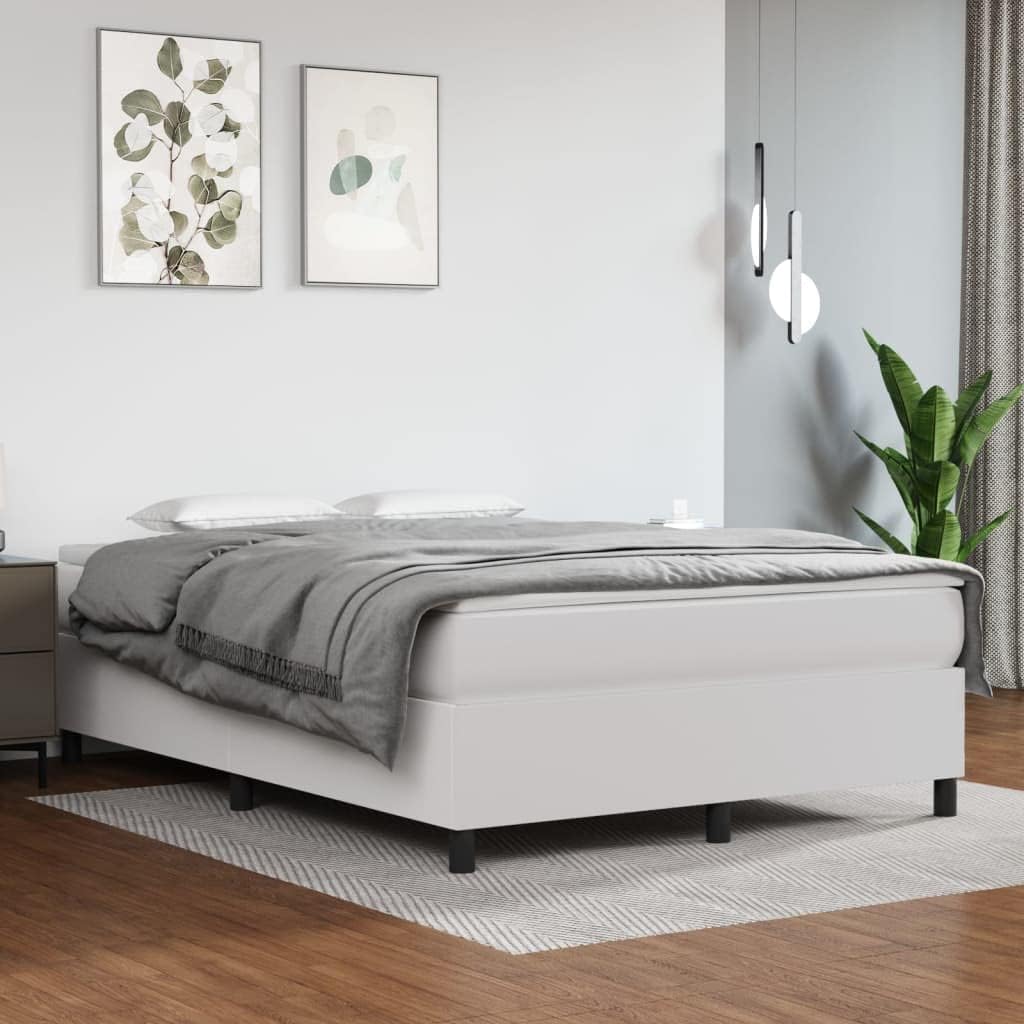 Queen Size Bed Frame with White Faux Leather Upholstery, Sturdy Plywood Slats and Engineered Wood Construction for Modern Bedroom, Durable Support and Contemporary Design