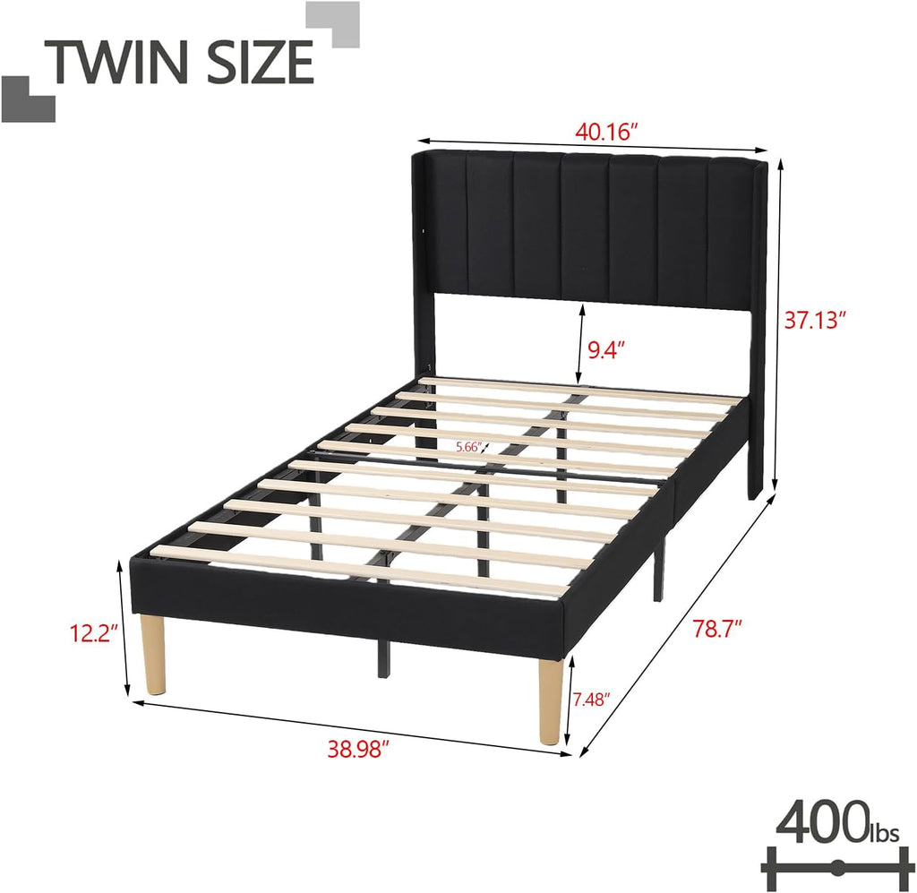 Twin Size Bed Frame with Headboard, Modern Upholstered Linen Platform Bed, Heavy Duty Wooden Slats Support, No Box Spring Needed, Noise-Free & Easy Assembly, Black