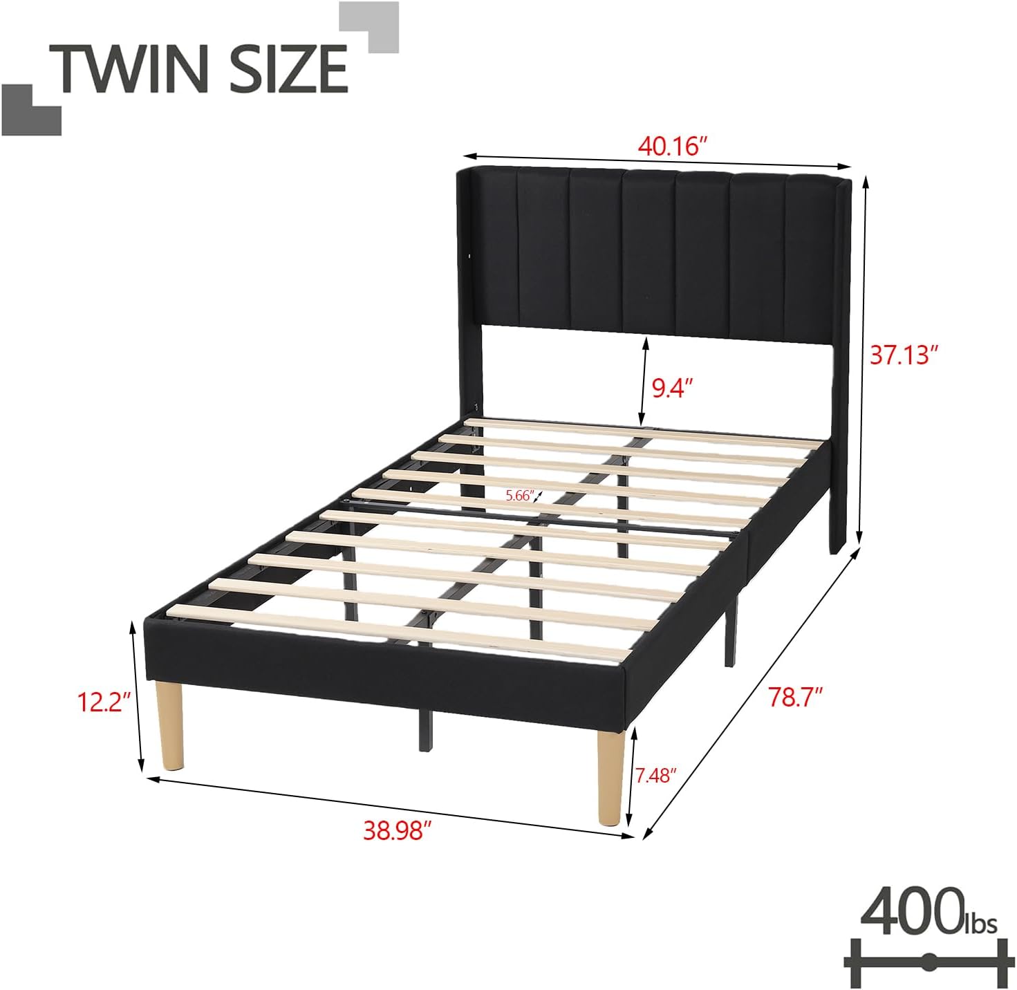 Twin Size Bed Frame with Headboard, Modern Upholstered Linen Platform Bed, Heavy Duty Wooden Slats Support, No Box Spring Needed, Noise-Free & Easy Assembly, Black