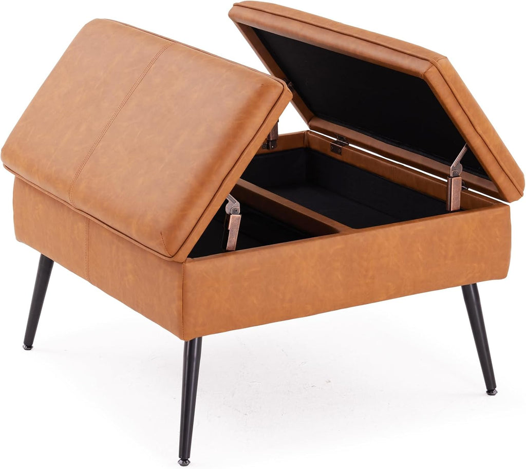 Square Ottoman with Storage, Large Oversized Ottoman Coffee Table, Double Flipping Lid & Mid-Century Modern & Faux Leather Style, Loads 660 lb, for Living Room, Bedroom, Entryway, Cognac Brown