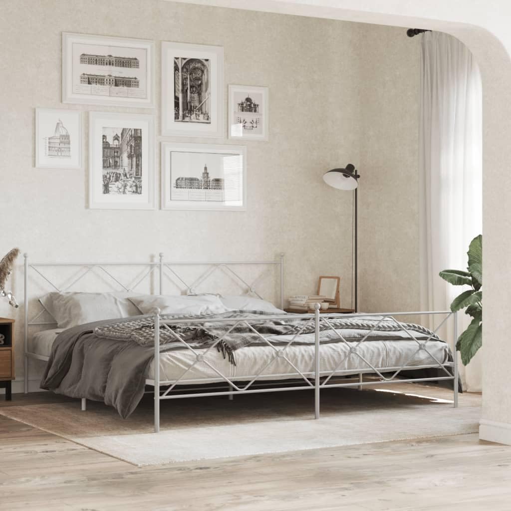 White Steel Bed Frame 76 x 80 Inches with Headboard and Footboard, Classic Rectangular Metal Frame for Bedroom, Durable Construction and Easy Maintenance
