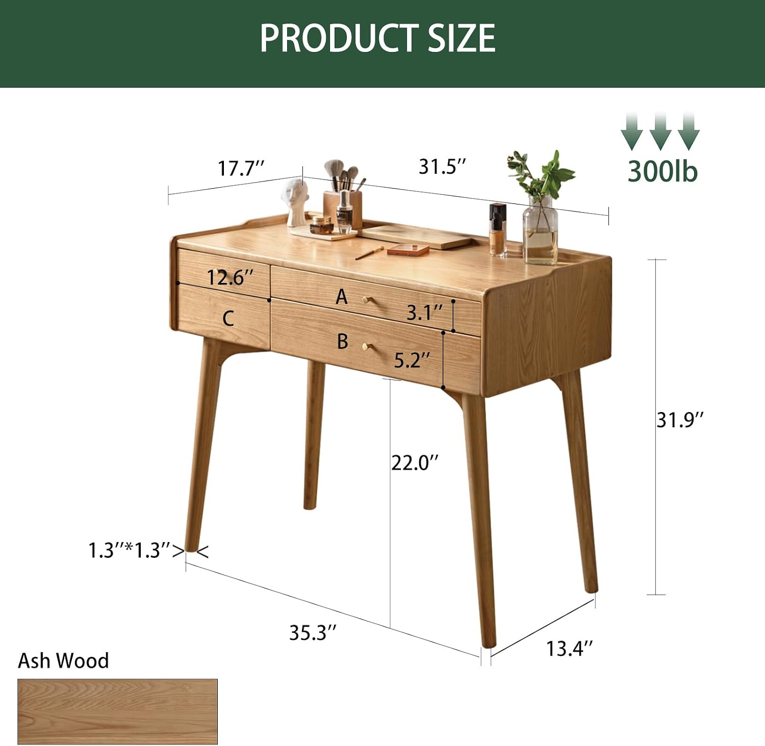 Small Vanity Desk, Solid Wood Dressing Table with Drawer Divider, Study Desk and Vanity Desk for Bedroom, 18' D x 31' W x 32' H