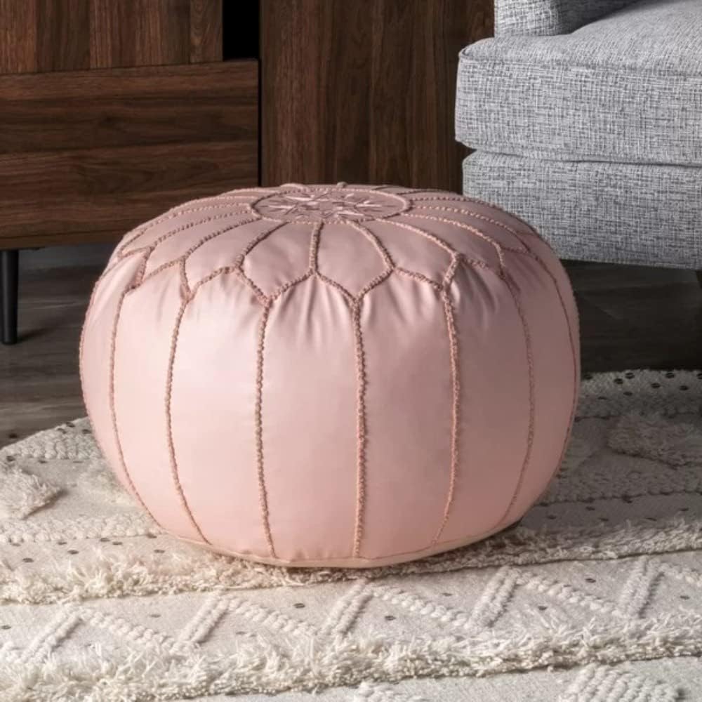 Classy Pink Faux Leather Round Pouf Ottoman 20'' | Stylish Tufted Footrest Vanity Stool Glamorous Touch Luxe Look, | Bench Fluffy Dorm Patio Perfect for Living Room, Bedroom, Lounge Cushioned