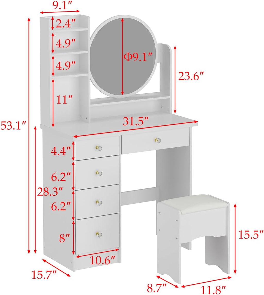 FUFU&GAGA White Vanity Set with Round Mirror, Makeup Vanity Bedroom Dressing Table with 5 Drawers, Shelves, Dresser Desk and Cushioned Stool