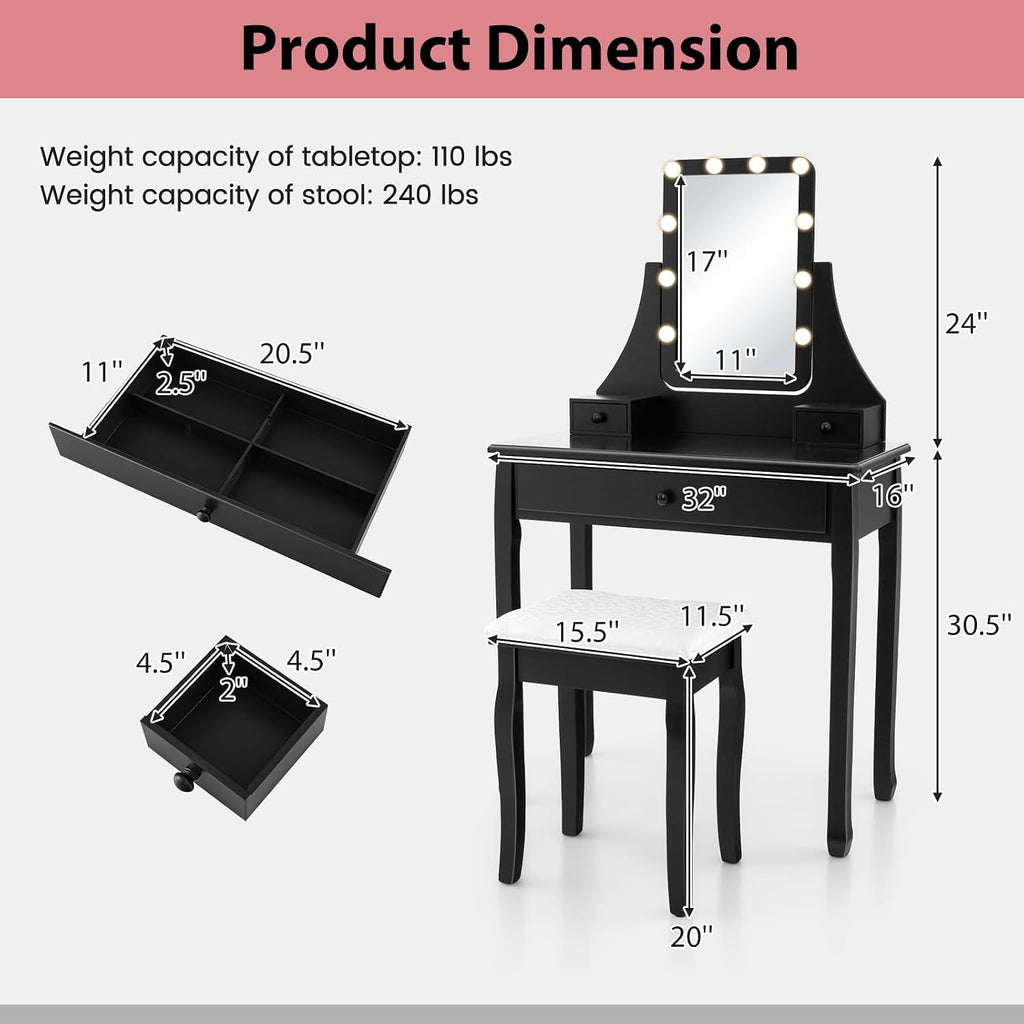 CHARMAID Makeup Vanity Desk with Lighted Mirror, 3 Color Lighting Modes, Adjustable Brightness, 3 Drawers, Removable Dividers, Bedroom Dressing Table Vanity Set with Stool for Girls Gift (Black)