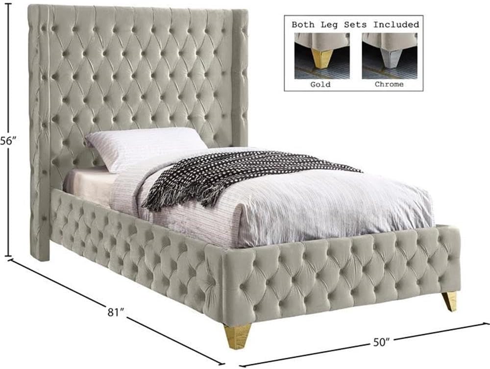 Meridian Furniture SavanCream-T Savan Collection Modern | Contemporary Velvet Upholstered Bed with Deep Button Tufting in Gold or Chrome Finish, 50' W x 81' D x 56' H, Cream, Twin