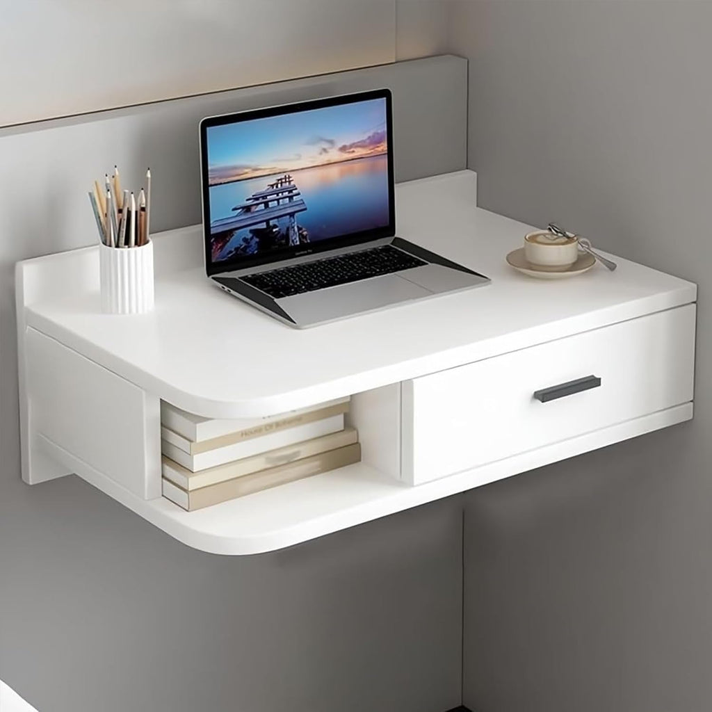 White Corner Floating Makeup Vanity, Wooden Computer Desk with Drawers&Open Storage Space, Wall Mounted Nightstand, Space-Saving, for Bedroom(Right,60cm/23.62in)