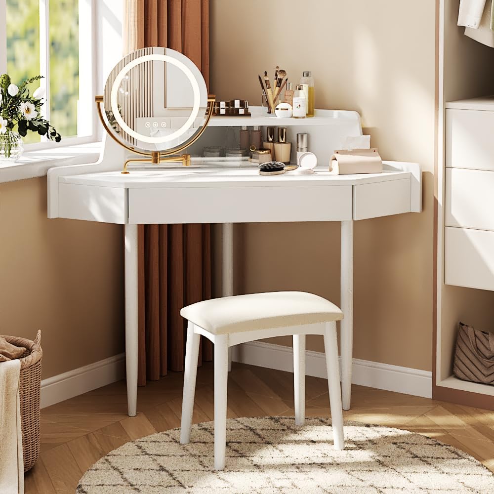 Corner Makeup Vanity Desk with Large Storage, LED Mirror Stool, Brightness Adjustable, Space Saving for Small Places, White