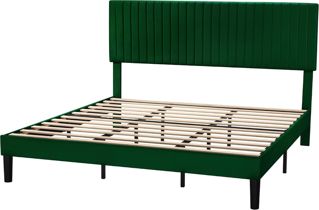 SHA CERLIN King Upholstered Platform Bed Frame with Vertical Channel Tufted Velvet Fabric Adjustable Headboard, Wooden Slats Support, Mattress Foundation, Box Spring Optional, Green