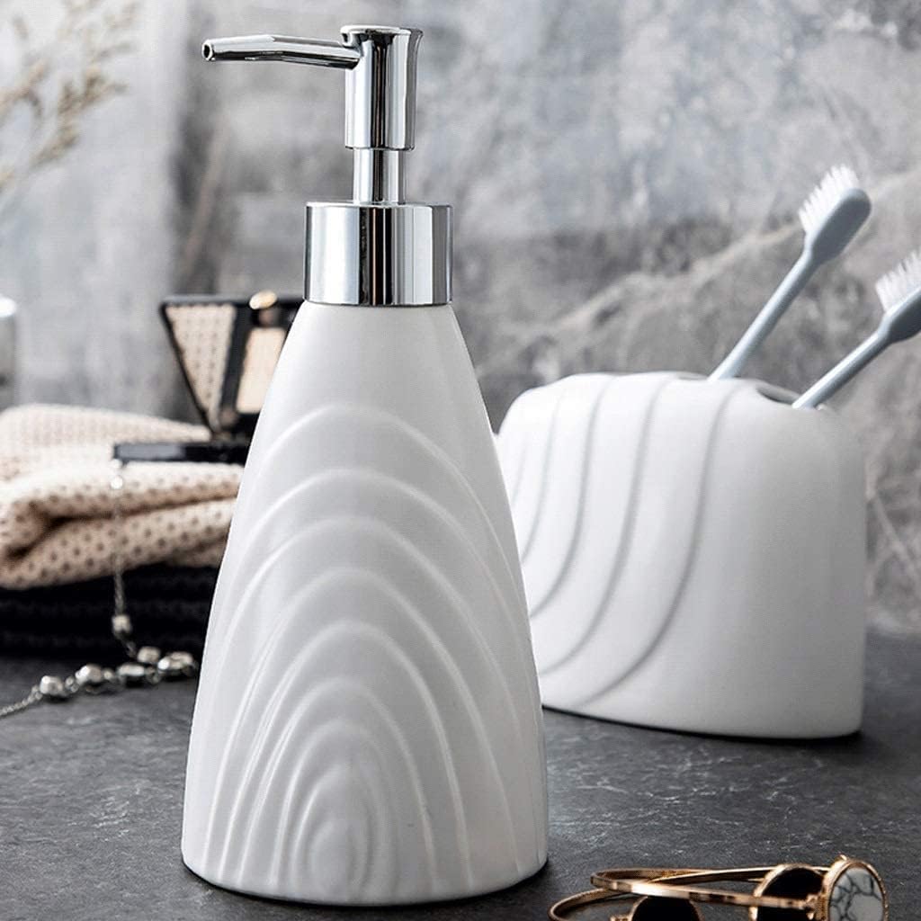 Vanity Bathroom Decor, White Ceramic Bathroom Accessory Set 5 Pieces Bathroom Set Including Soap Dispenser Toothbrush Holder Soap Dish Housewarming Gift(A)