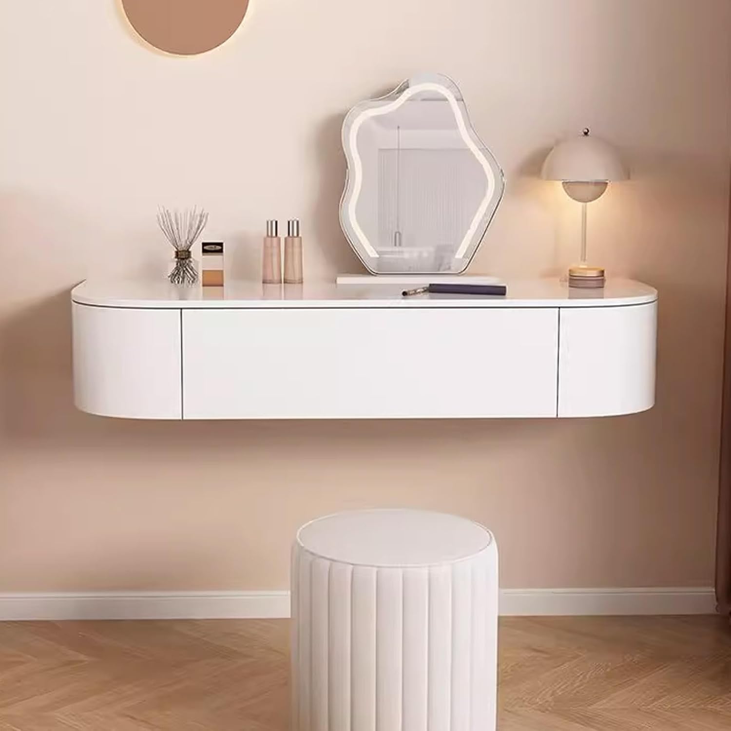 White Floating Vanity Makeup Table Wall Mounted Vanity Desk Wall-mounted Makeup Cabinet Dressing Floating Corner Desk Dresser Storage Set With Mirror And Lights Small Space Bedside Dressing Table(Free