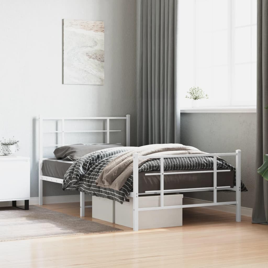 Steel Twin Bed Frame White Rectangular Modern Design with Underbed Storage for Bedroom