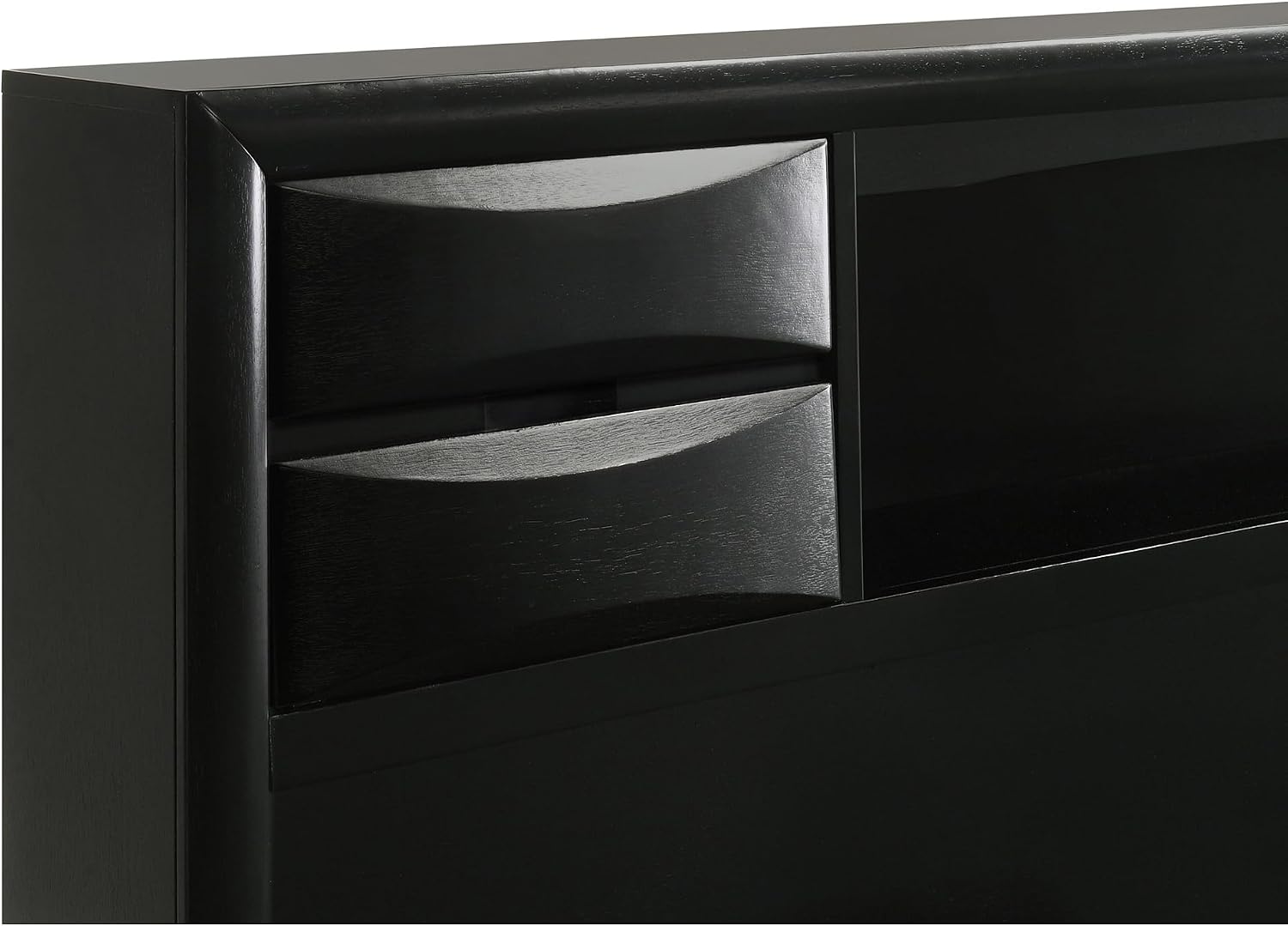 King Storage Bed, Platform Bed, Bookcase Headboard, Black Wood, 4 Footboard Drawers, Right Side Drop Down Door, No Foundation Required, Eastern King Bed Frame