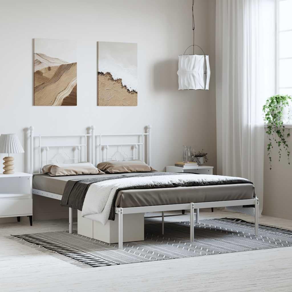 King Size Metal Bed Frame with Headboard, White Powder-Coated Steel, Modern Furniture Design, Durable and Space Efficient, 4-Piece Bed Frame Set for Bedroom