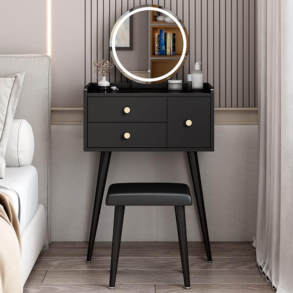 Vanity Benches Vanity Desk Set Cosmetic Storage Desk Bedroom Small Unit Dresser with Vanity Stool, Mirror, Three Drawers (Color : A, Size : L60cm)