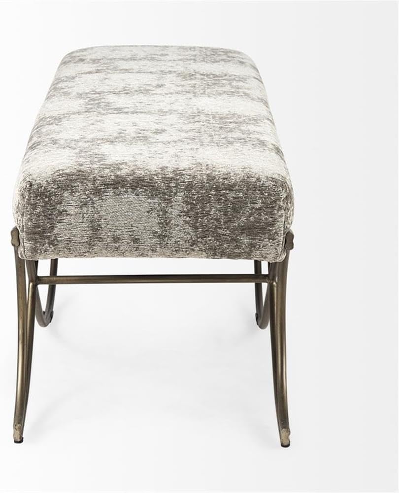 Pemberly Row Vanity Bench, 55 x 17.6 x 18 in, Light and Dark Gray Fabric Seat, Antique Gold Crisscross Metal Frame, Elegant Entryway or Living Room Seating, Versatile Decor Statement Piece