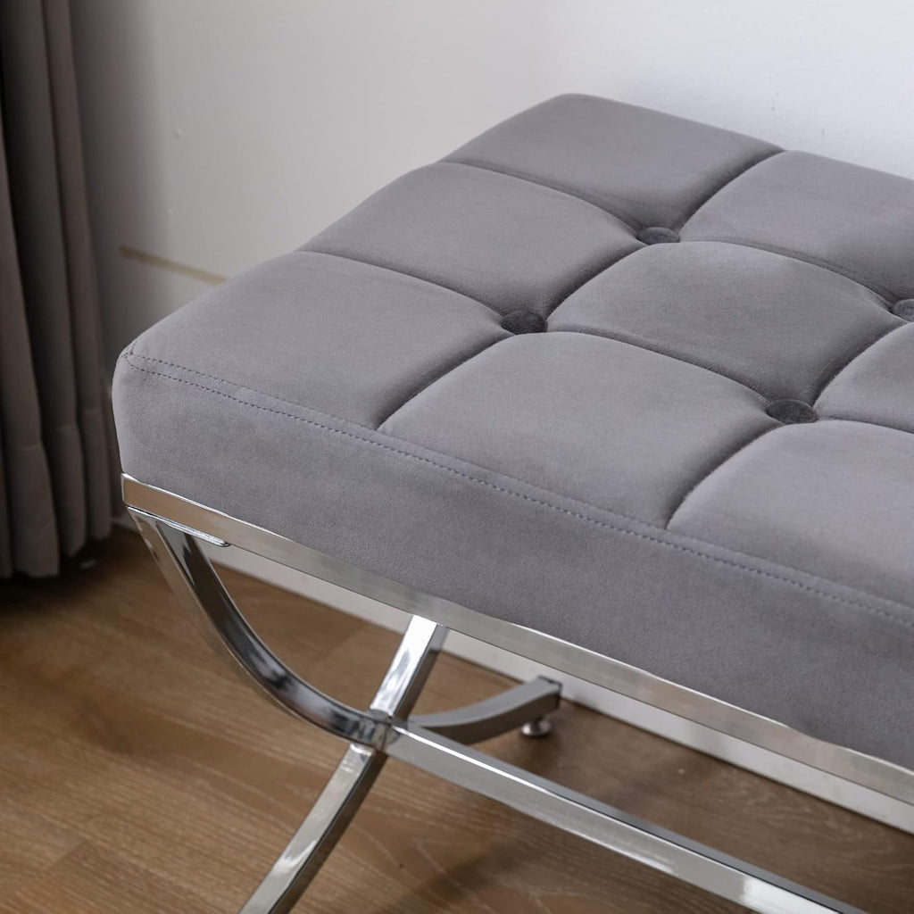 LukeAlon Modern Velvet Dining Bench, Button Tufted Ottoman Bench with X-Shape Chrome Finish Upholstered End of Bed Bench Comfy Entryway Bench for Bedroom Kitchen, Grey