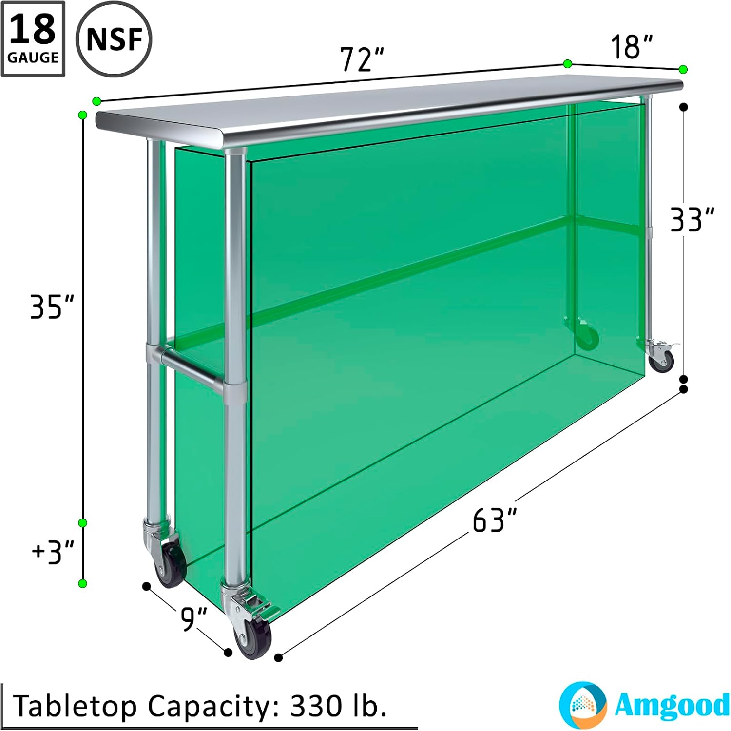 AmGood Stainless Steel Work Table Open Base & Wheels | Work Station | Metal Work Bench (Stainless Steel Work Table Open Base + Casters, 72' Long x 18' Deep)