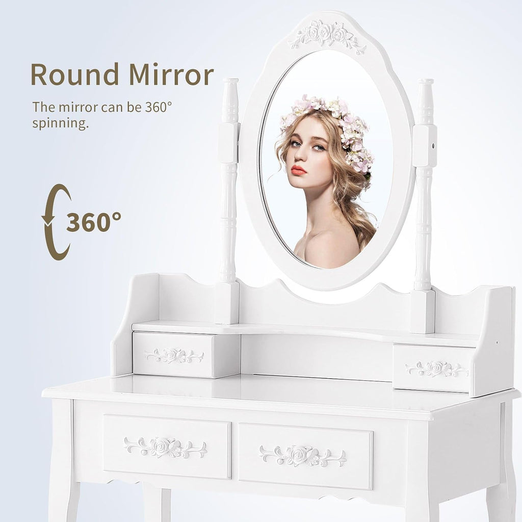 Whalefall Girls Makeup Vanity Set with Mirror and Stool, Small White Dressing Vanity Desk Table with Chair and Mirror (White Vanity)