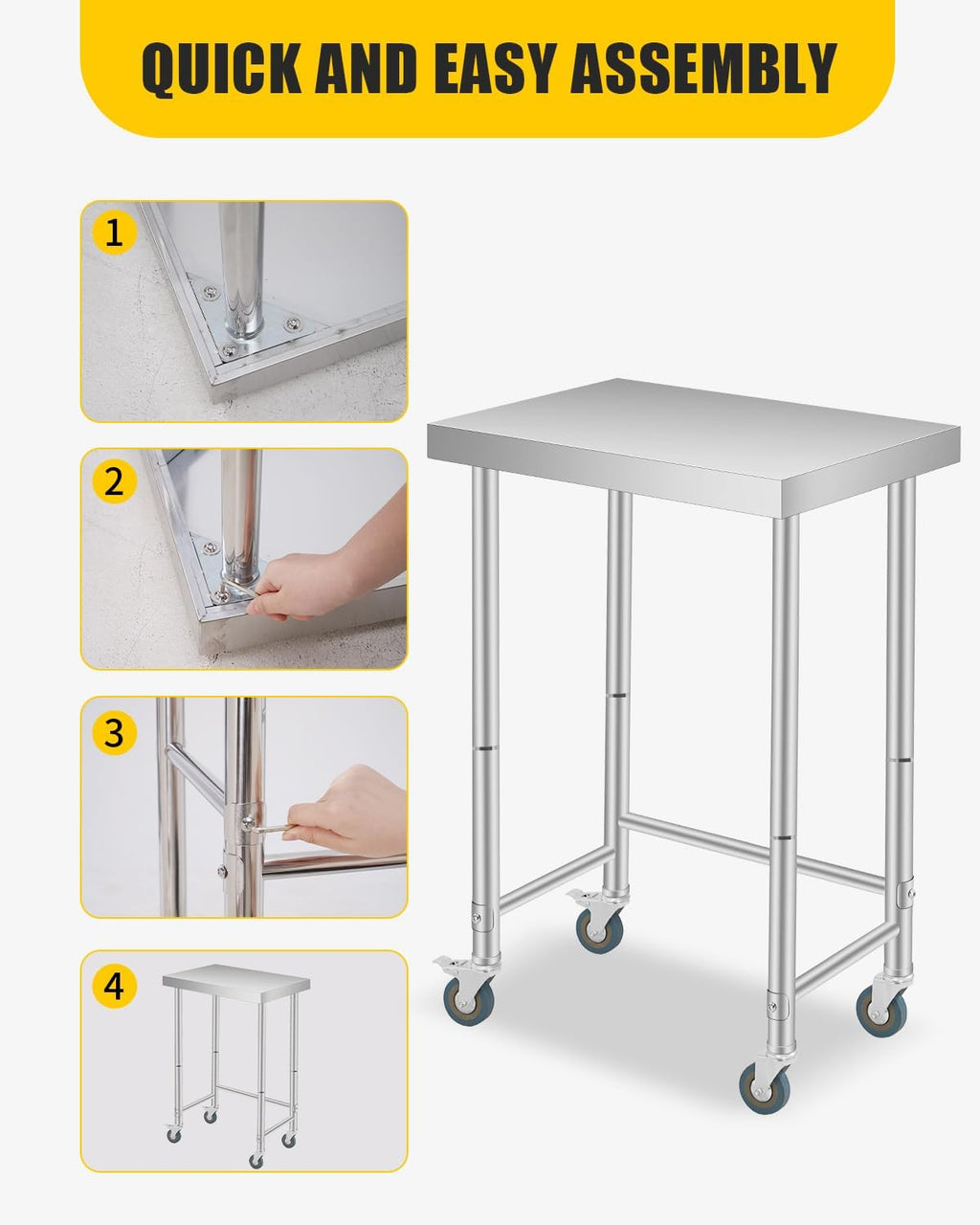 Stainless Steel Table, 18'x32'x35' Utility Work Tables, Commercial Kitchen Prep Table with Locking Casters and Open Base Single Tier, for Restaurant, Garage, Workshop, Silver