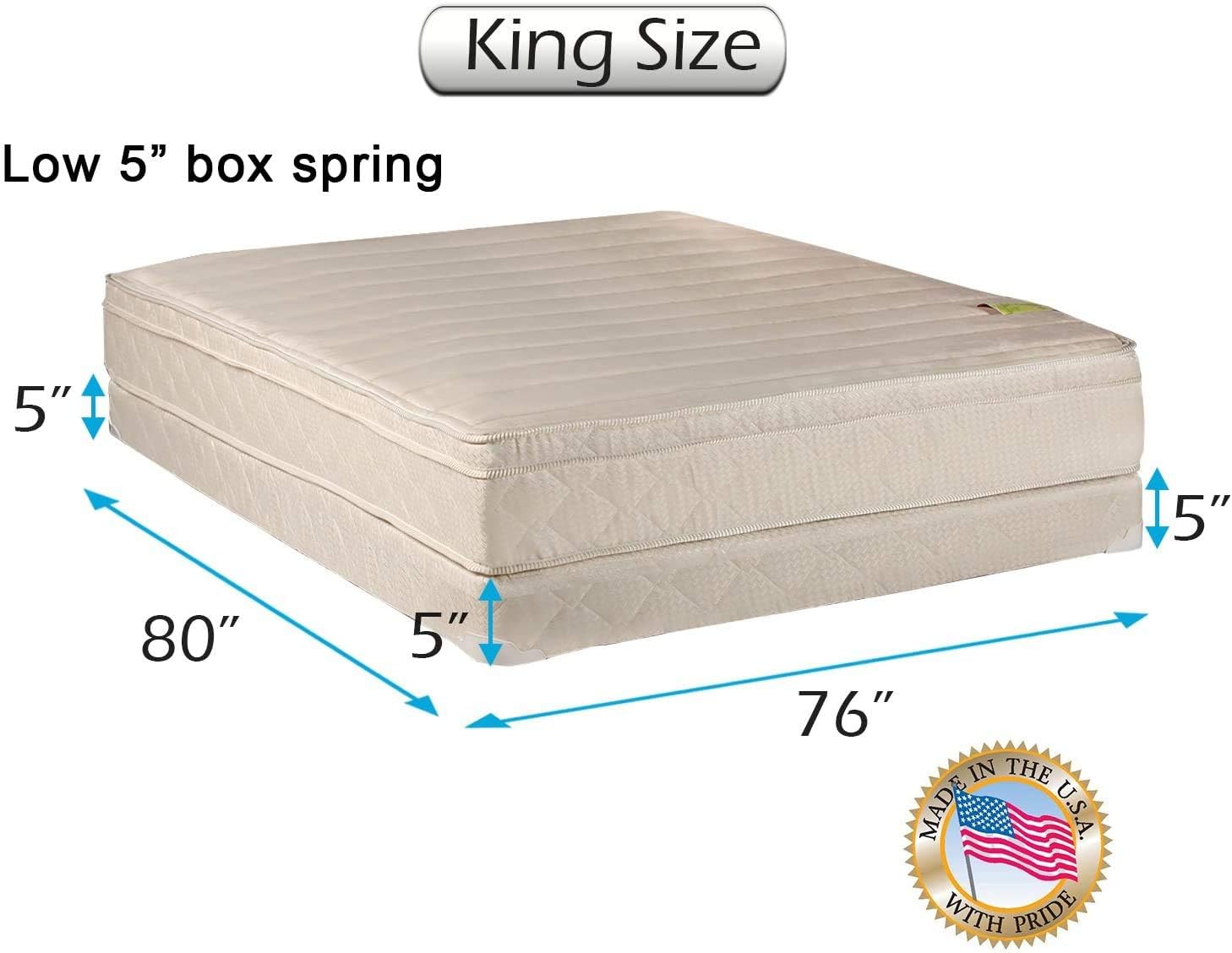 Dream Solutions USA DS USA Comfort Pedic Firm PillowTop King Size Mattress & Low 5' Height Box Spring Set with Metal Bed Frame - Plush Knit Cover, Orthopedic, Longlasting Comfort