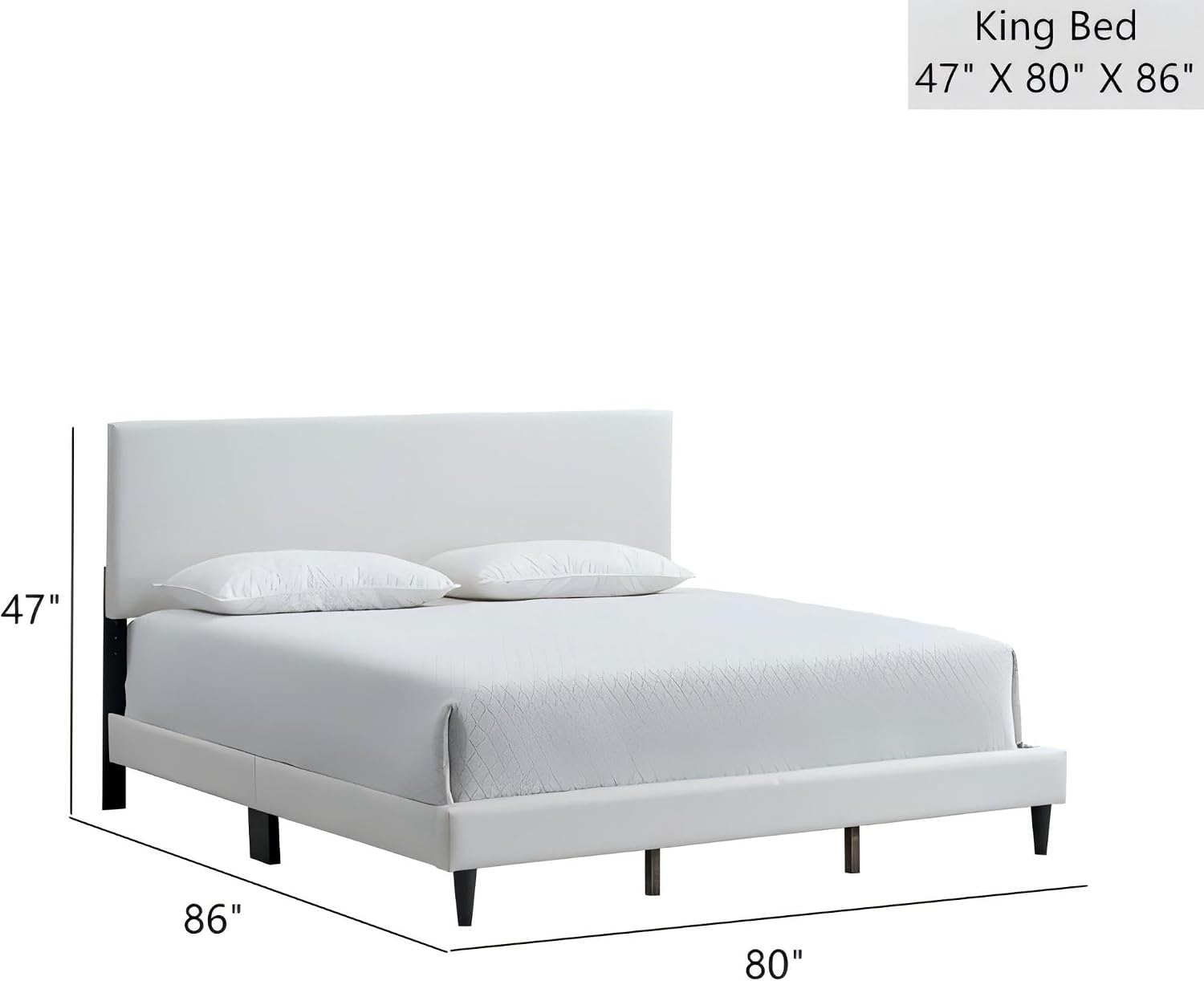 King Bed Frame, Upholstered Bed Frame, Modern White Bed Frame with Leather Upholstery, Adjustable Headboard 41 to 47 Inch, Slat Support, No Box Spring Needed, Fits to 13 Inch Mattresses