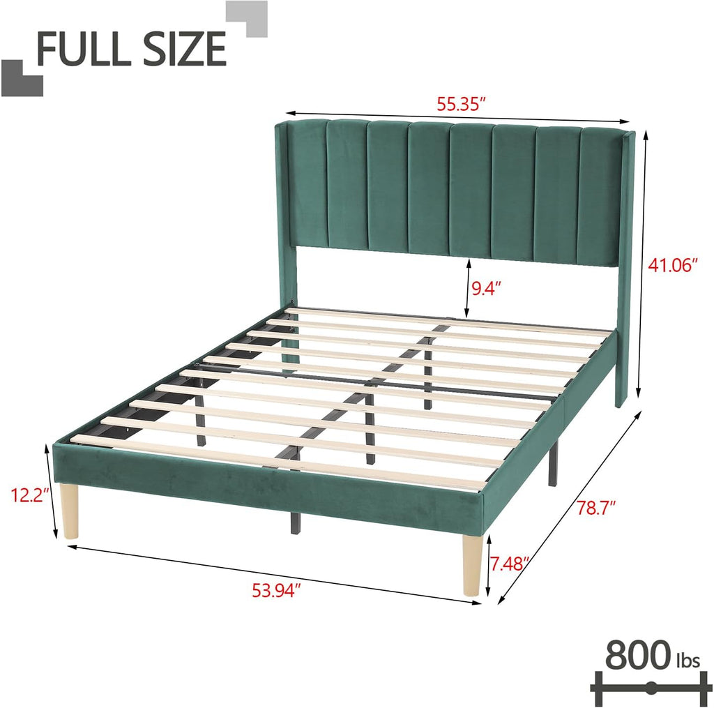 Full Size Bed Frame with Headboard, Modern Upholstered Velvet Platform Bed, Heavy Duty Wooden Slats Support, No Box Spring Needed, Noise-Free & Easy Assembly, Green