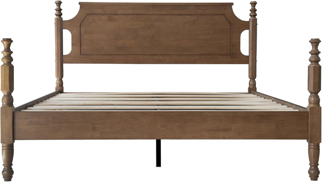 Solid Wood Queen Size Bed Frame with Headboard & Footboard, 12 Strong Slats, Center Metal Legs, Anti-Slip & Noise-Free Design, No Box Spring Needed, Quick Assemble, Barnwood Finish, ROQ-30
