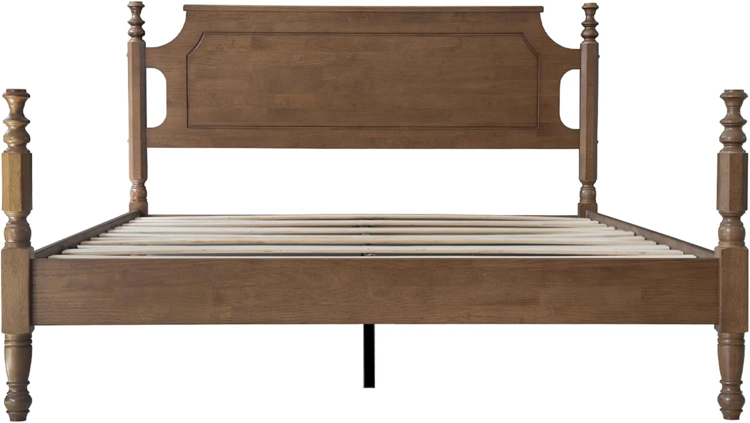 Solid Wood Queen Size Bed Frame with Headboard & Footboard, 12 Strong Slats, Center Metal Legs, Anti-Slip & Noise-Free Design, No Box Spring Needed, Quick Assemble, Barnwood Finish, ROQ-30