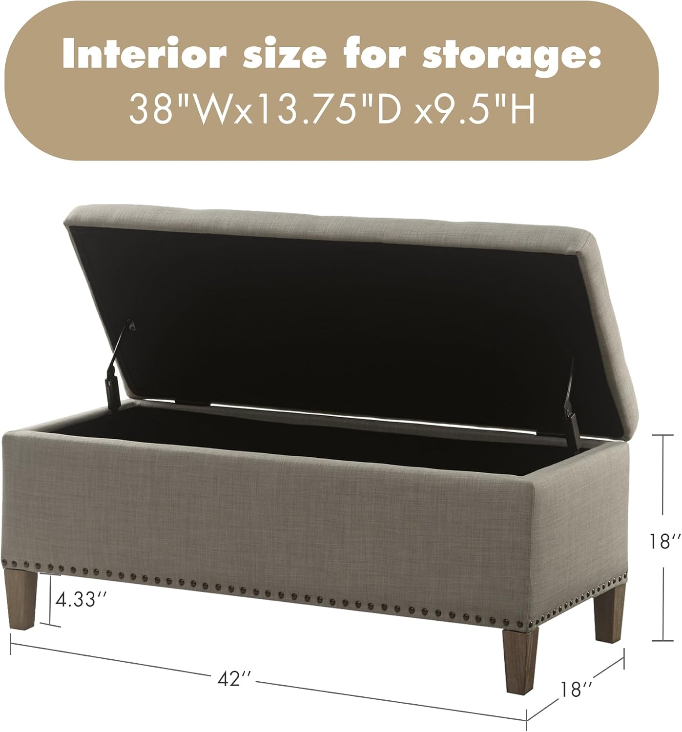 Madison Park Entryway Accent Bench for Living Room Flip Top Storage Bench Ottoman, Nailhead Trim, Tufted Padded Top, Modern Bed End Bench for Bedroom Storage Chest, Indoor Seating, 42'Wide, Light Grey