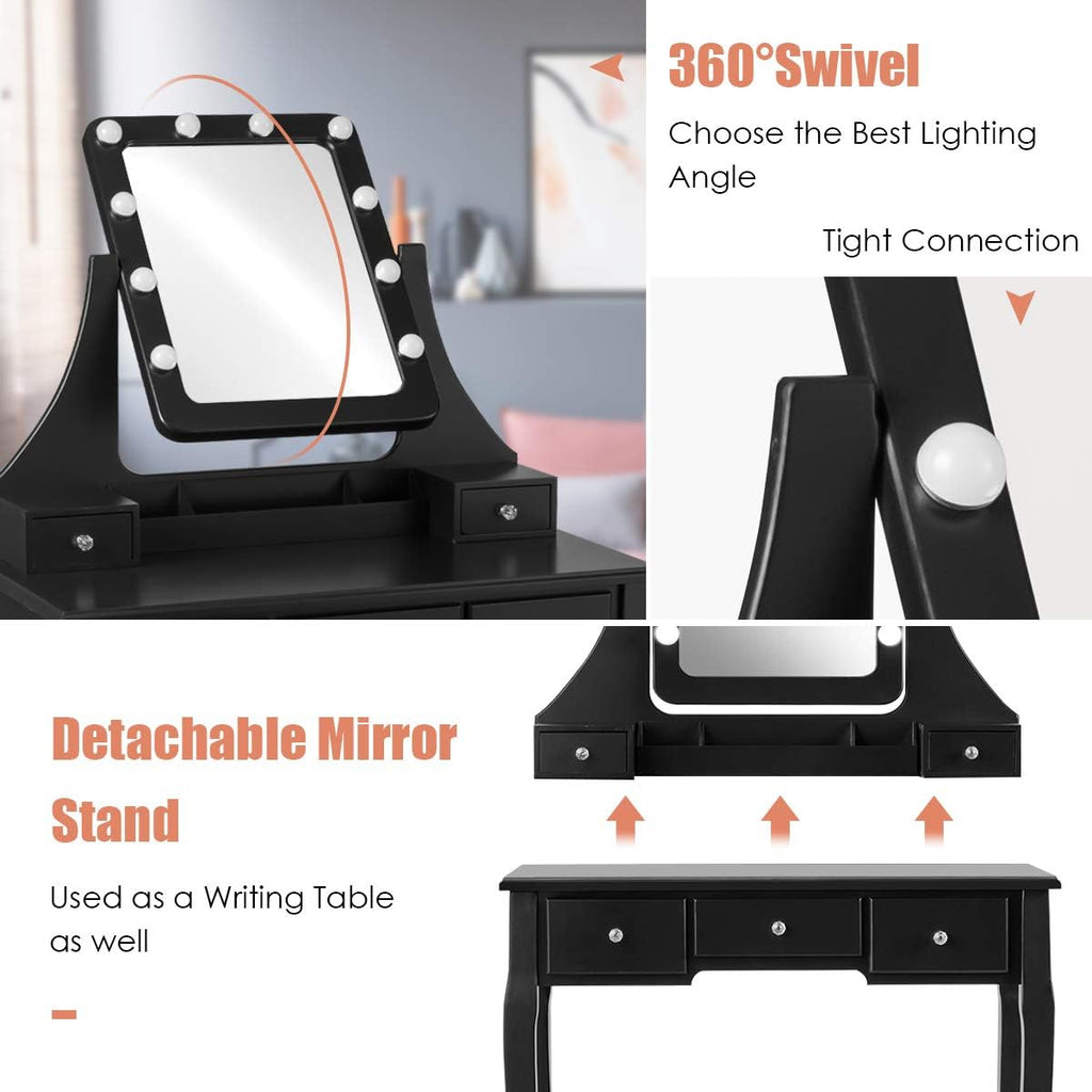 COSTWAY Vanity Desk Set with Lighted Mirror, 360° Swivel Vanity Mirror Desk with 10 LED Bulbs, Makeup Dressing Table with 5 Drawers, Vanity Table with Cushioned Stool for Bedroom, Women, Girls (Black)