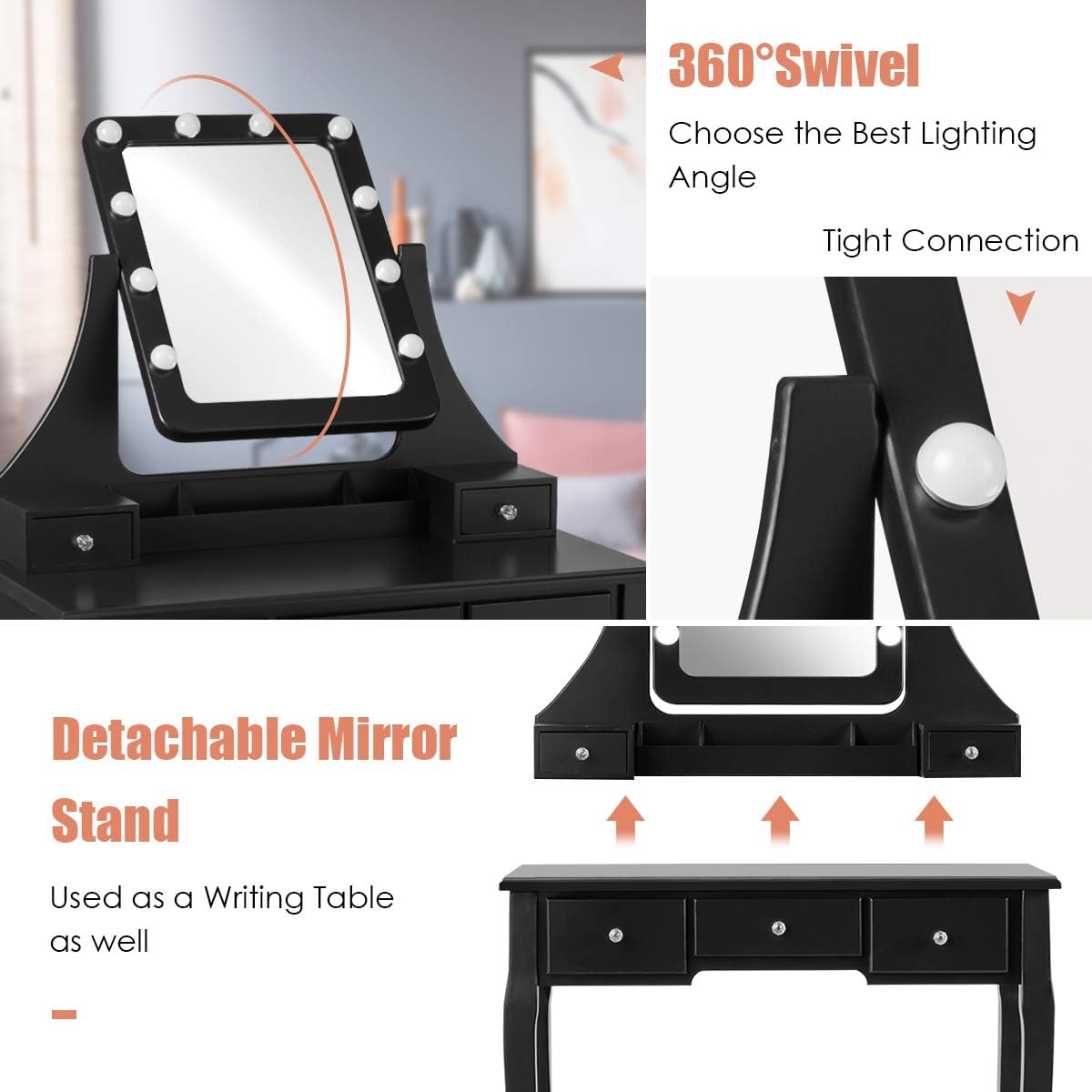 COSTWAY Vanity Desk Set with Lighted Mirror, 360° Swivel Vanity Mirror Desk with 10 LED Bulbs, Makeup Dressing Table with 5 Drawers, Vanity Table with Cushioned Stool for Bedroom, Women, Girls (Black)