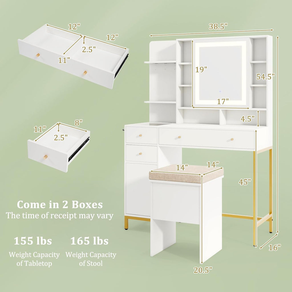 CHARMAID Vanity Desk with Mirror and Lights, White Makeup Vanity Table with Transparent Glass Tabletop, Mirrored Cabinet Door, Charging Station, Drawers, Shelves, Bedroom Dressing Table with Stool