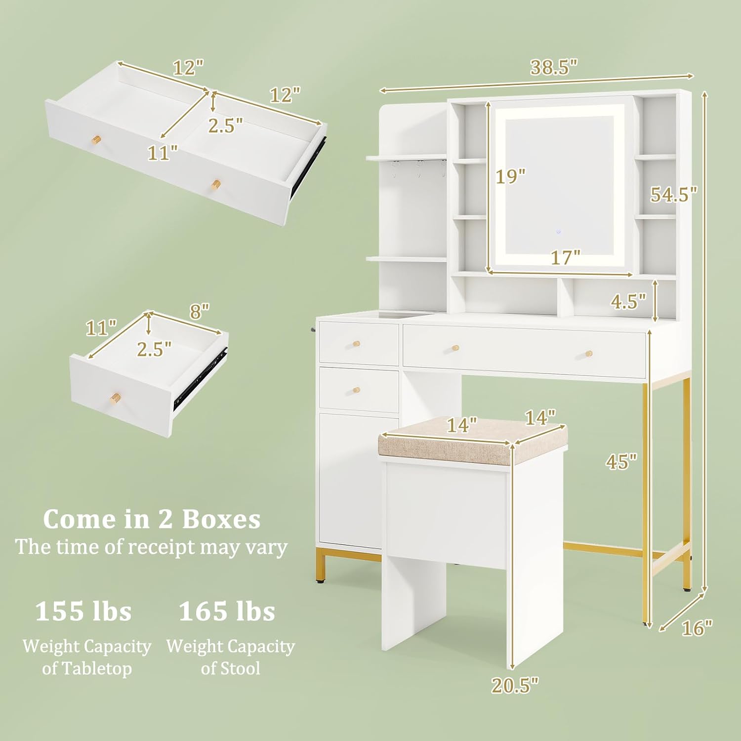 CHARMAID Vanity Desk with Mirror and Lights, White Makeup Vanity Table with Transparent Glass Tabletop, Mirrored Cabinet Door, Charging Station, Drawers, Shelves, Bedroom Dressing Table with Stool