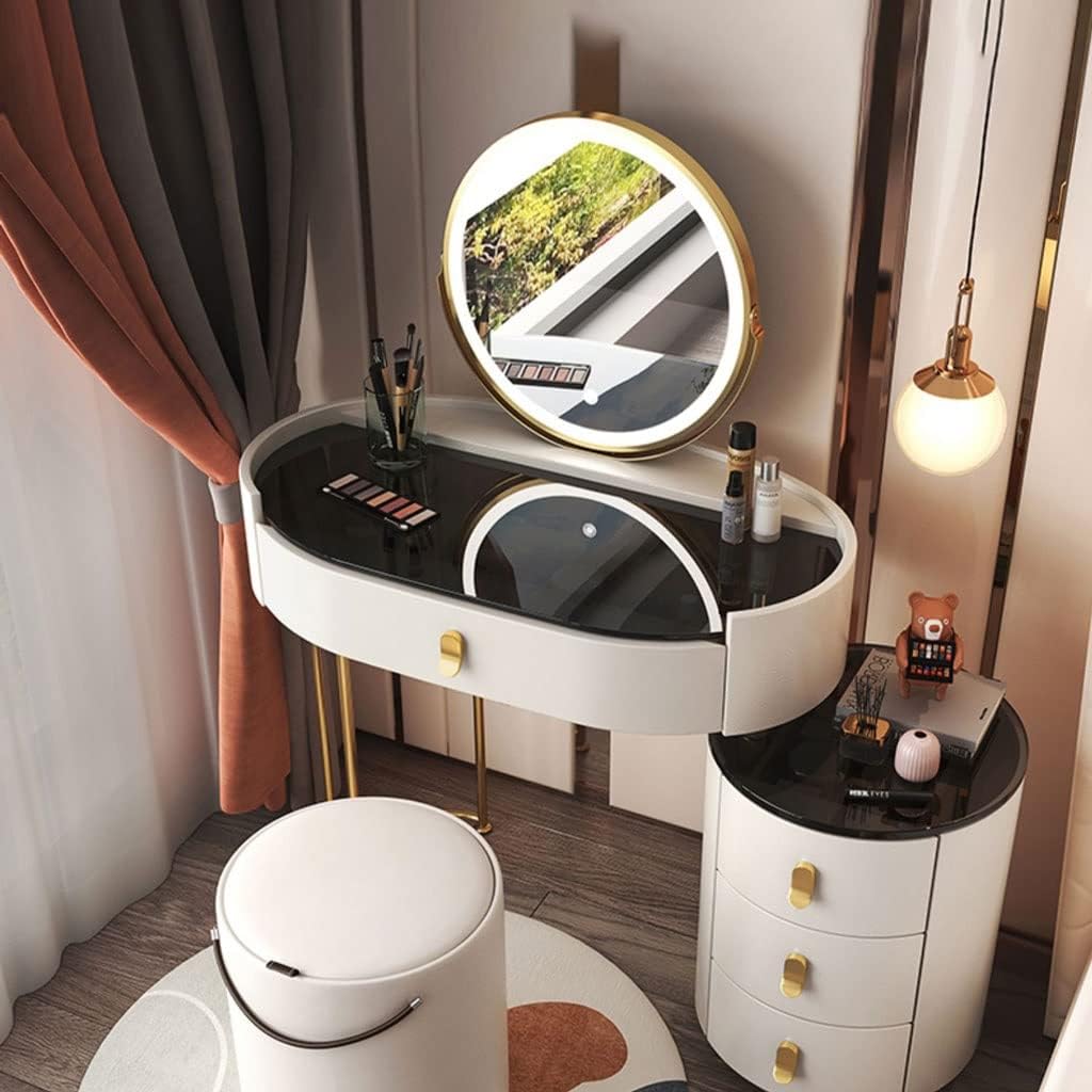 Vanity Benches Dresser Modern Small Apartment Bedroom Dresser Retractable Storage Cabinet with Mirror, Dressing Stool, Four Drawers (Color : A)