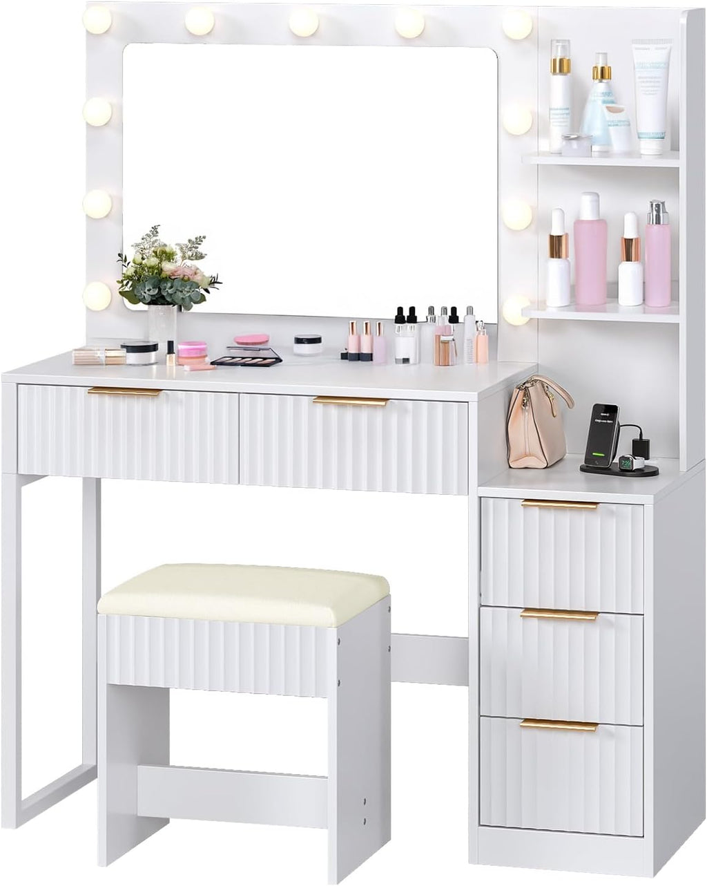 Karl home Fluted Vanity Desk with Mirror and Adjustable LED Lights, Makeup Vanity Table Set with 5 Drawers & Storage Shelves, Dressing Table with Charging Station & Stool for Women Bedroom, White