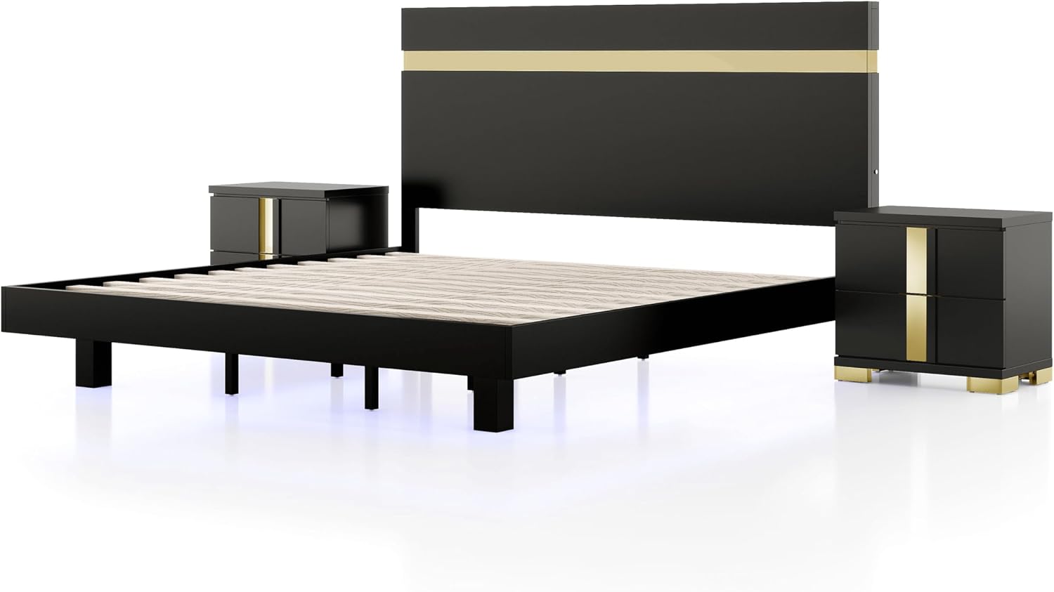 Furniture of America Ansten Modern Wood 3-Piece Platform Bedroom Set with Gold Trim, Underbed LED, Dust Proof Cases, Bracketed Metal Legs, No Box Spring Needed, Queen, Black