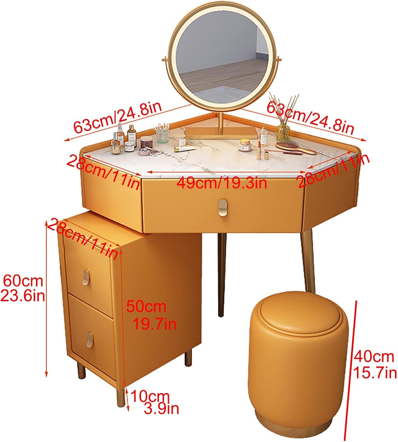 Corner Vanity Set with Lighted Mirror, Makeup Dressing Table with Drawers, Cabinet and Cushioned Stool, Girls Vanity Desk for Dressing Room, Bedroom,Khaki