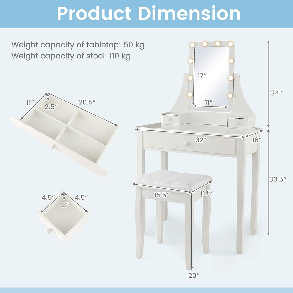 CHARMAID Makeup Vanity Desk with Lighted Mirror, 3 Color Lighting Modes, Adjustable Brightness, 3 Drawers, Removable Dividers, Bedroom Dressing Table Vanity Set with Stool for Girls Gift (White)