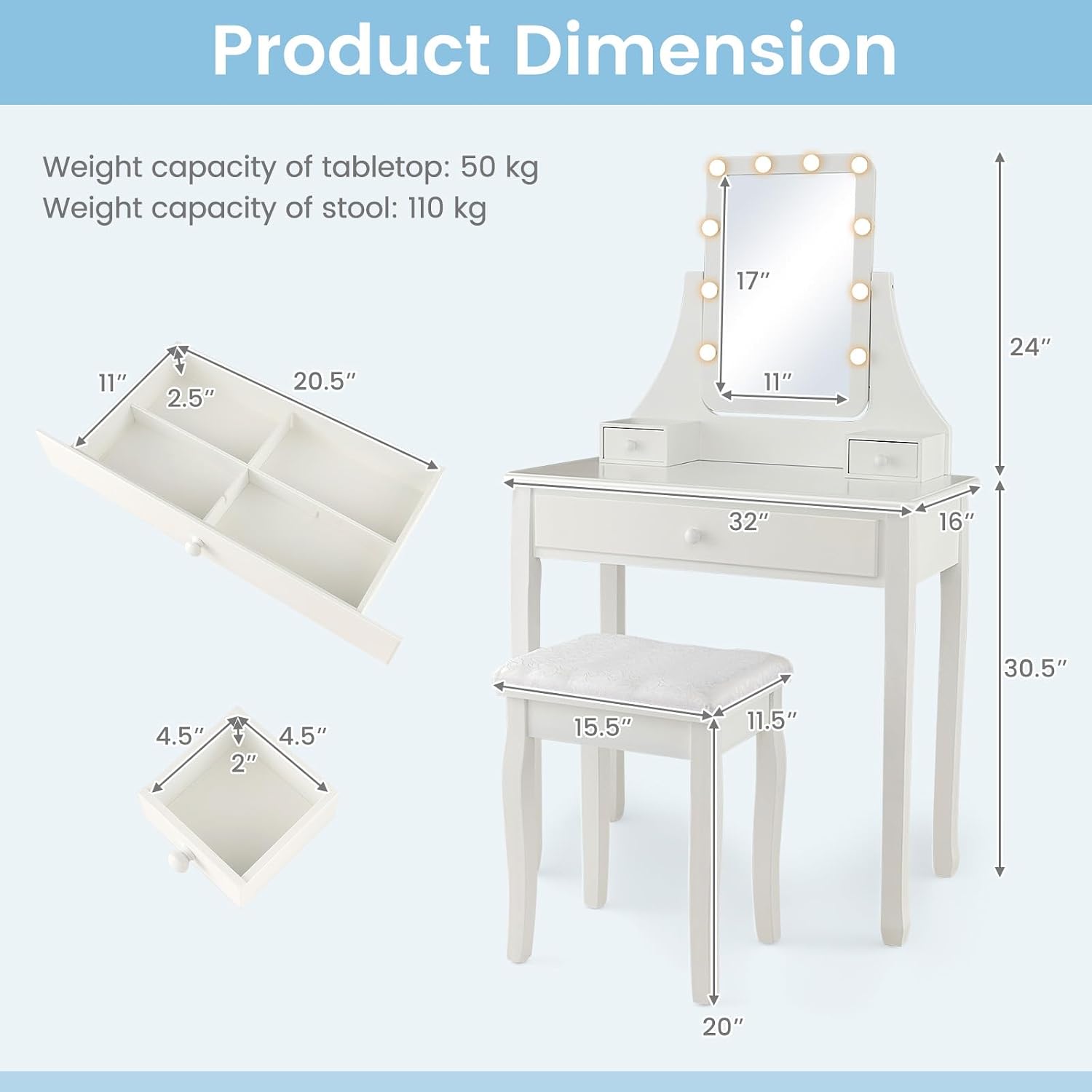 CHARMAID Makeup Vanity Desk with Lighted Mirror, 3 Color Lighting Modes, Adjustable Brightness, 3 Drawers, Removable Dividers, Bedroom Dressing Table Vanity Set with Stool for Girls Gift (White)