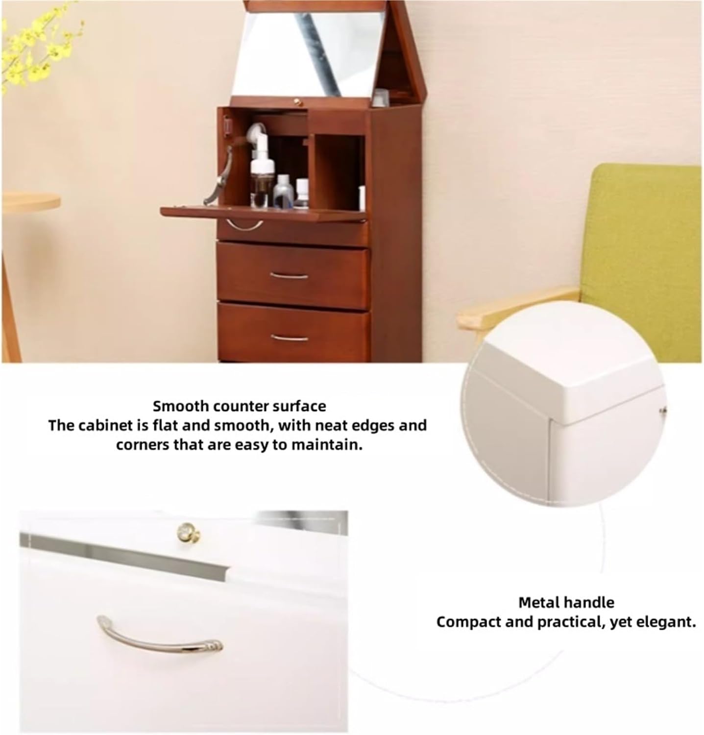 Moveable Vanity Desk with Mirror for Small Spaces Bathroom Storage Cabinet Wood Makeup Dressing Table with Drawers for Bedroom Small Corner Floor Cabinet,Ideal for Home