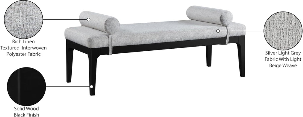 Meridian Furniture 22073Grey Priscilla Collection Art Deco Bench with Rich Linen Textured Interwoven Polyester Fabric, Light Beige Weave, Finished Solid Wood, 52' W x 22' D x 23.5' H, Grey