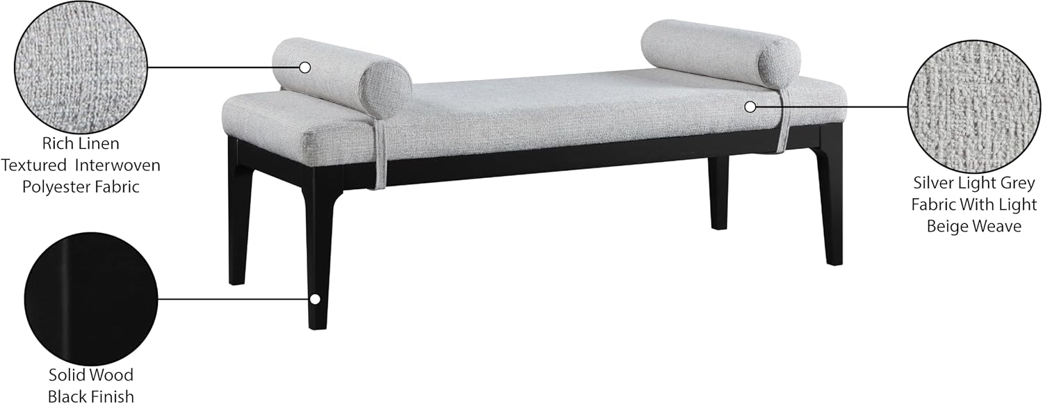 Meridian Furniture 22073Grey Priscilla Collection Art Deco Bench with Rich Linen Textured Interwoven Polyester Fabric, Light Beige Weave, Finished Solid Wood, 52' W x 22' D x 23.5' H, Grey